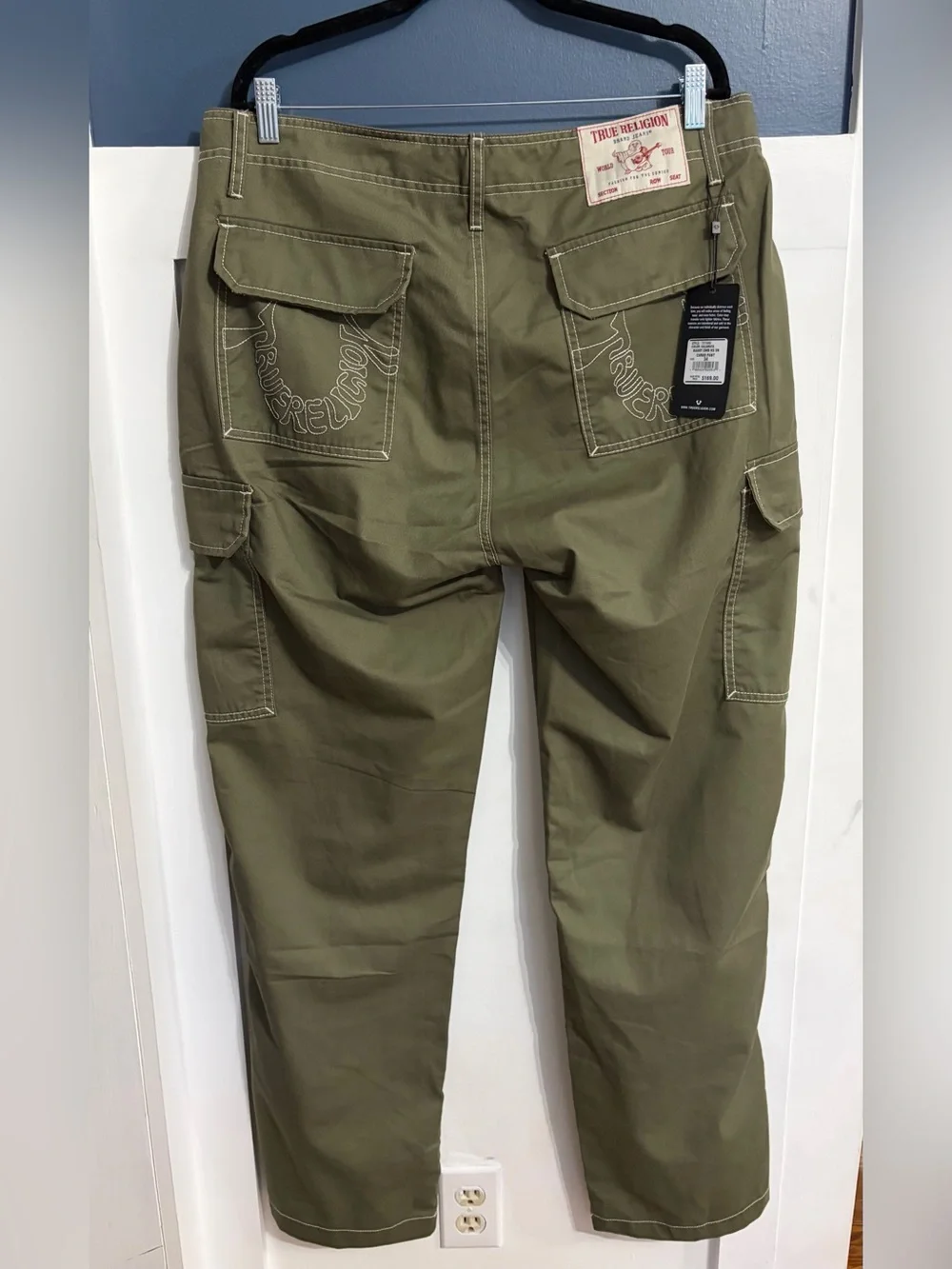 True Religion Men's Baggy Embroidered Kalamata Olive Cargo Pant Size 34x32